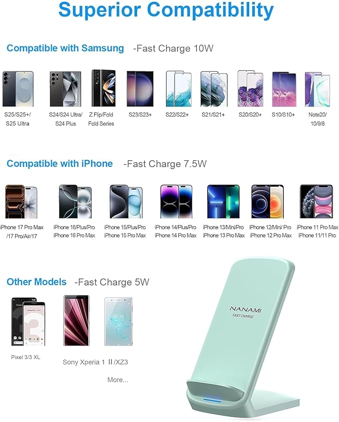 NANAMI Fast Wireless Charger 10W Max Wireless Charging Stand with PD20W Adapter Charger Compatible for iPhone 17/17 Air/17 Pro/17 Pro Max/16/15/14/13/12Samsung Galaxy S26/S25/S24/S23/S22/S21/Note 20