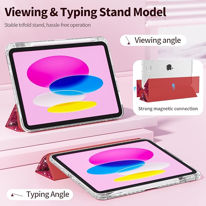 Tuiklol Sparkly Case for iPad (A16 Chip) 11th Gen 11 inch 2025 / iPad 10th Gen 10.9 inch 2022 Built in Pencil Holder with Glitter Clear Back Shell Cover Trifold Stand Auto Wake/Sleep Sparkly-Red