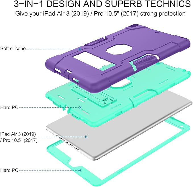 BENTOBEN for iPad Air 3 2019 Case iPad Pro 10.5 2017 Case 3 Layers Heavy Duty Rugged Shockproof Kickstand Sturdy Protective Tablet Cover for iPad Air 3rd Gen/iPad Pro 10.5 2017 Purple/Green