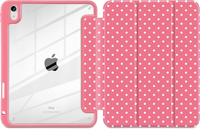 Case for iPad A16 11th Generation 11 inch 2025 iPad 10th Generation 10.9 inch 2022 -[Built-in Pencil Holder] Shockproof Clear Hard Back Trifold Stand Auto Wake/Sleep Rose red White dot