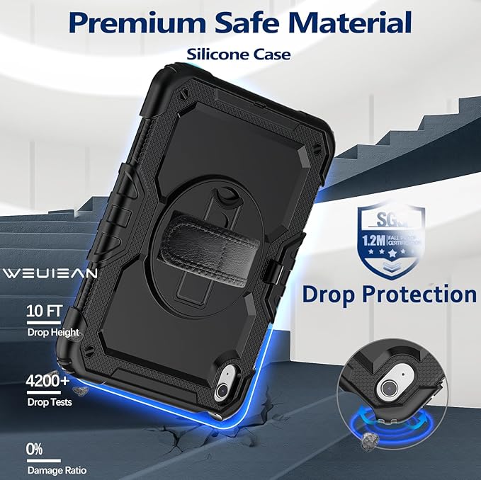 Weuiean Case for iPad A16 11th/10th Generation 11/10.9 Military-Grade Heavy-Duty Shockproof Cover with 360° Rotating Stand Built-in Pencil Holder &amp Adjustable Hand/Shoulder Strap - Black