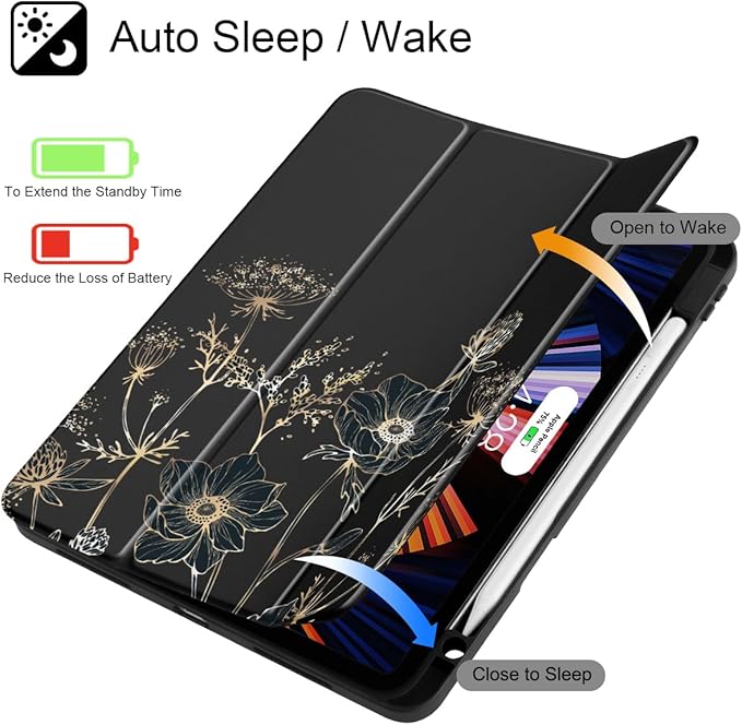 May Chen for iPad Pro 11 inch M2 4th Generation 2022 iPad Pro 11 3rd/2nd/1st Gen Case with Transparent Shockproof Back Cover [Built-in Pencil Holder Auto Sleep/Wake Abstract Floral