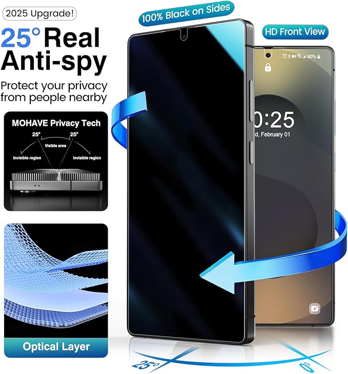 MOHAVE 4 Pack Privacy Screen Protector for SAMSUNG Galaxy S25 Ultra 6.9 with 2 Pack Camera Lens Protector [Auto Alignment/Dust Removal] Anti Spy Tempered Glass [Military Grade Shatterproof] 100% Ultr