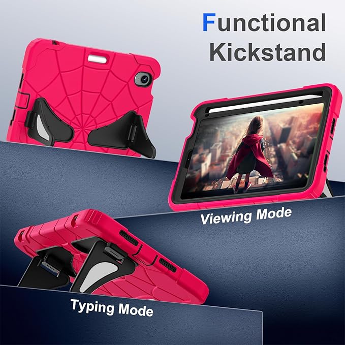 Kids Case for iPad mini 7 A17 Pro 2024/ Mini 6 8.3 inch Spider Case for iPad mini 7th 6th Generation Shockproof Durable Full Protective Cover with Pencil Holder Kickstand (Rose red+Black)