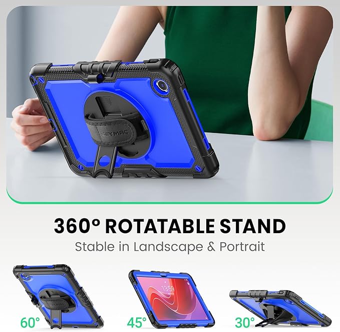 SEYMAC Case for Lenovo Tab M11/K11 11 Inch Heavy Duty Shockproof Protective Case with Screen Protector 360° Rotating Stand Hand/Shoulder Strap and Pen Holder Blue