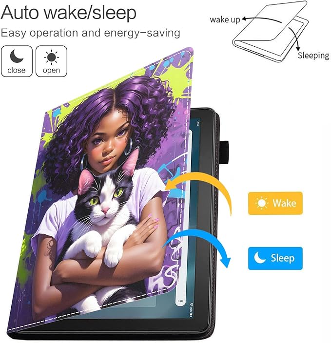 Case for Amazon Kindle Fire HD 10 &amp 10 Plus Tablet 10.1 (13th/11th Generation 2023/2021 Release) - Premium PU Leather Cover with Auto Sleep Wake African American Girl Cat