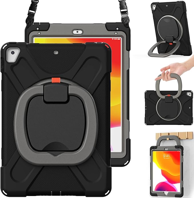 BRAECN Case for iPad 9.7 Inch 6th/5th Generation 2018/2017 iPad Air 2 3-Layer Protective Silicone Cover with Pencil Holder/Hand Grip/Kickstand/Shoulder Strap for iPad 5th/6th Generation-Black+Grey