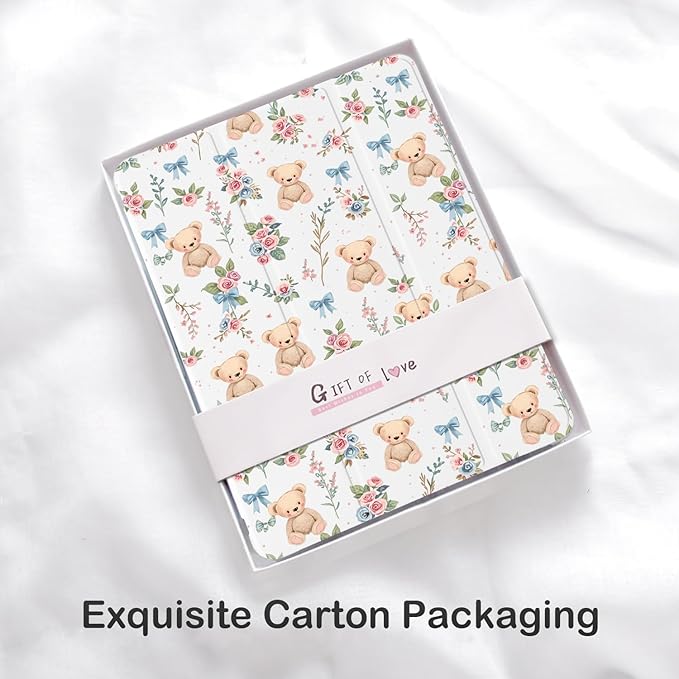 Cute Kawaii Bear Flower Bow for iPad mini 7 A17 Pro 2024/iPad Mini 6 Case with Pencil Holder Auto Sleep/Wake White Leather Soft TPU Back Cover