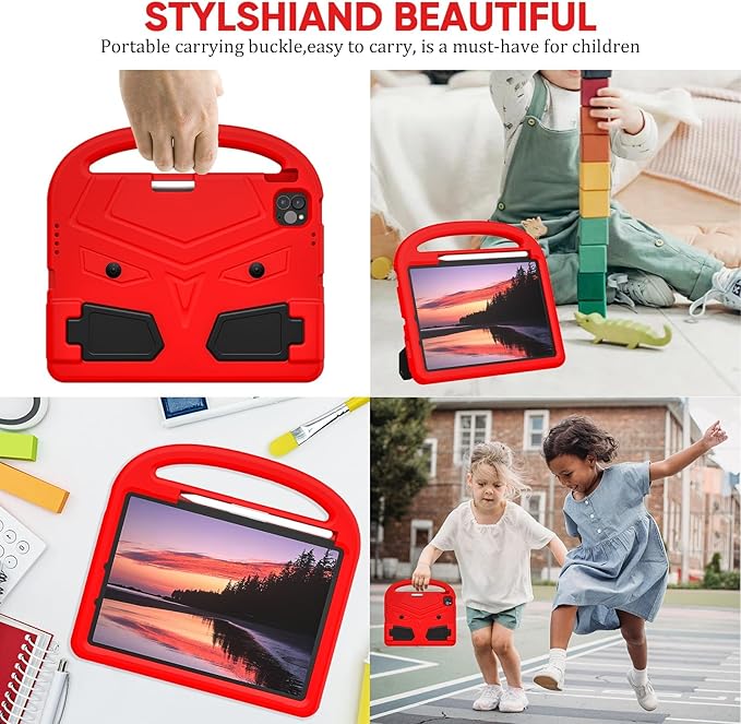 Kids Case for Apple iPad Air 11 inch M3/M2 &amp iPad Pro 11 inch M5/M4 (2025/2024) with Pencil Holder/Handle/Kickstand Lightweight Soft EVA Foam Shockproof Stand Girls Boys Cover Red Bird