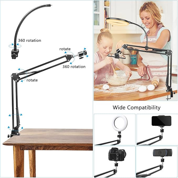 ChromLives Overhead Phone Mount with Ring Light Overhead Tripod Phone Holder Mount for Video Recording Flexible Articulating Arm Overhead Phone Stand Top Down Camera Mount with Light