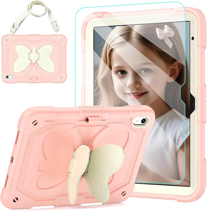 Case for iPad (A16) 11th/10th Generation 2025/2022 11/10.9 for Kids Girls with 9H Tempered Glass Screen Protector Rugged Shockproof Protective with Butterfly Stand Carrying Strap-Rose Pink