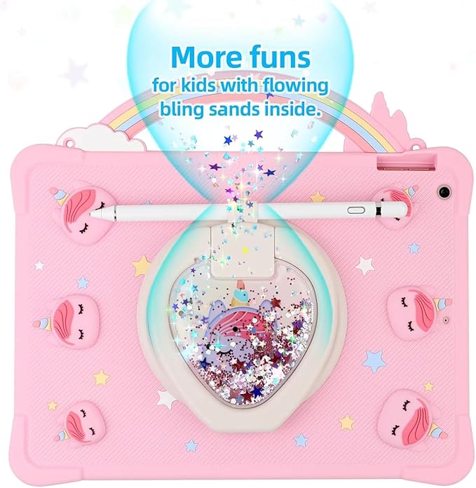 [Super Cute Rainbow Handle Unicorn Case] Compatible with ipad 7 2019 Case Cover for Kids Girls with Hand Strap and 360° Rotating Stand - Pink