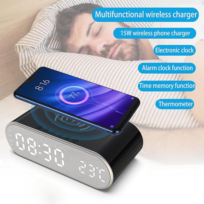 15W Fast Wireless Charging Pad Compatible with Qi-Enabled Phones 5W/7.5W/10W Standard Charging Modes Temperature Display &amp Alarm Clock for Bedside Desk W628 White.