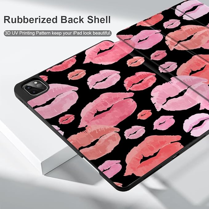 MEEgoodo for iPad Pro 12.9 Case M2 6th/5th/4th/3rd Generation 2022 2021 2020 2018 with Pencil Holder Tablet Cover with Soft TPU Back Shell Red &amp Pink Lips
