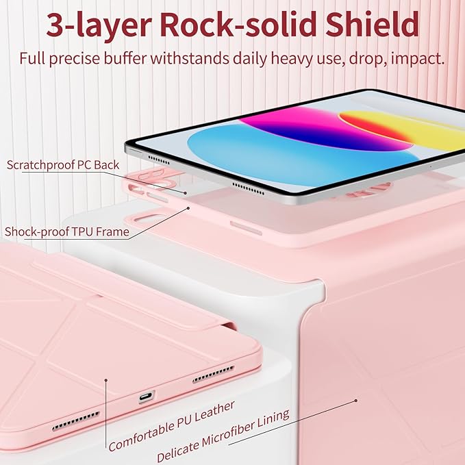 KENKE Magnetic Detachable Case for iPad A16 11th/10th Generation (11/10.9-Inch 2025/2022) with Pencil Holder 3+Y-Stand Removable 360° Rotating Clear Cover with Transparent Hard Back Pink