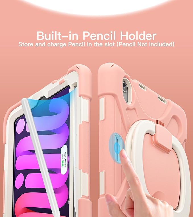 BATYUE Case for iPad mini 7 A17 Pro 2024/iPad Mini 6 2021 8.3 Inch with Pencil Holder 360 Rotating Stand Shoulder Strap Handle Grip Shockproof Rugged Case for iPad mini 7th/6th Gen Rosegold