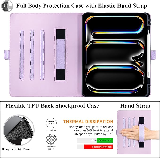 for iPad Pro 13 inch M4 Case 2024with Stand/Hand Strap/Pencil Holder/Pockets [Auto Wake/Sleep] PU Leather &amp Soft TPU Back Shockproof Cover Magnetic Smart Wallet ShellCute Red-Billed Cat