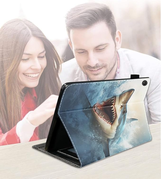 Case for Amazon Kindle Fire 7 Tablet (7 9th/7th Generation 2019/2017 Release) Slim PU Leather Cover with Card Slot &amp Auto Wake/Sleep Great White Shark