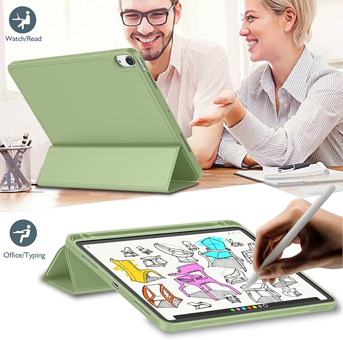iMieet iPad Air 11 Inch Case M4/M3/M2(2026/2025/2024) iPad Air 5th/4th Generation Case 2022/2020 10.9 Inch with Pencil HolderTrifold Stand Smart Case with Soft TPU Back(Olive Green)