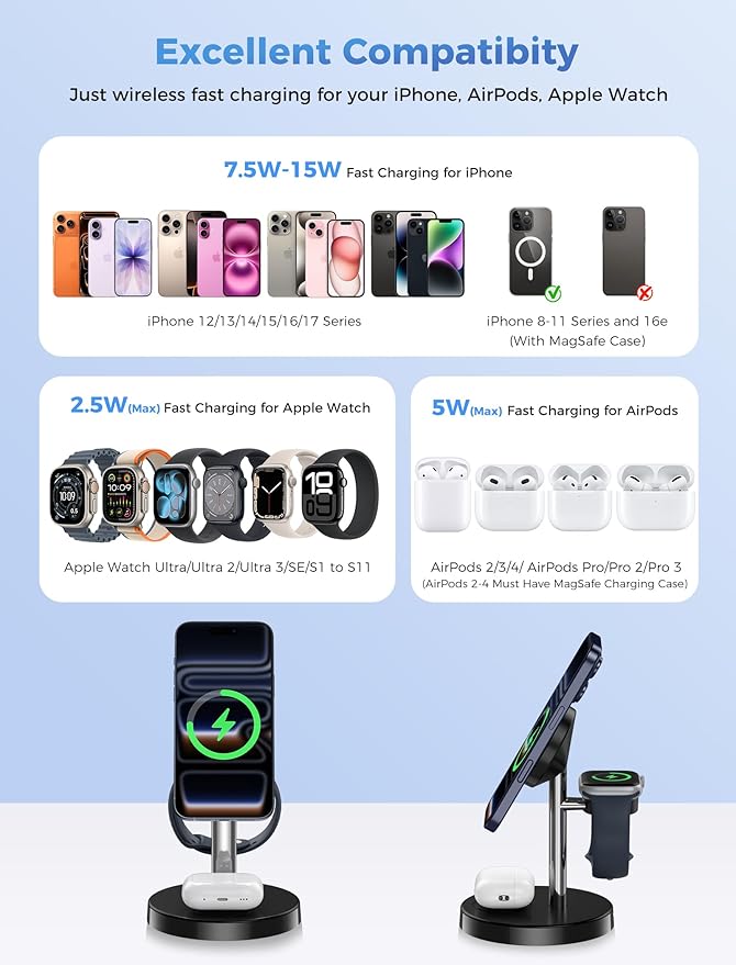 2026 3 in 1 Wireless Charging Station Compatible with MagSafe 15W Fast Magnetic Mag-Safe Charger Stand for Apple iPhone 17 16 15 14 13 12 Series iWatch AirPods Pro 4 3 2 SilverBlack 1 Pack
