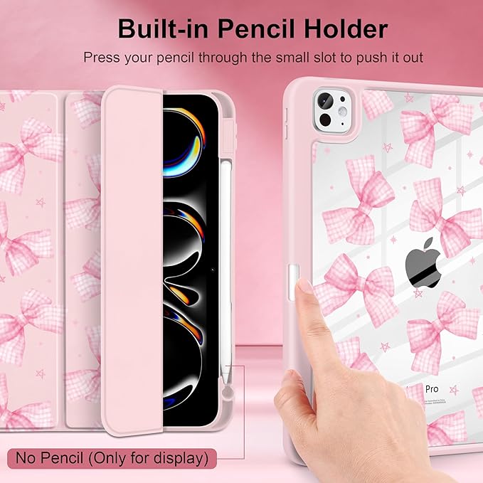 DONGKE for iPad Pro 11-Inch Case (M5 2025 / M4 2024) 6th/5th Generation [Auto Sleep/Wake &amp Pencil Pro Holder] Clear Acrylic Back Smart Trifold Stand Cover Bow &amp Daisy