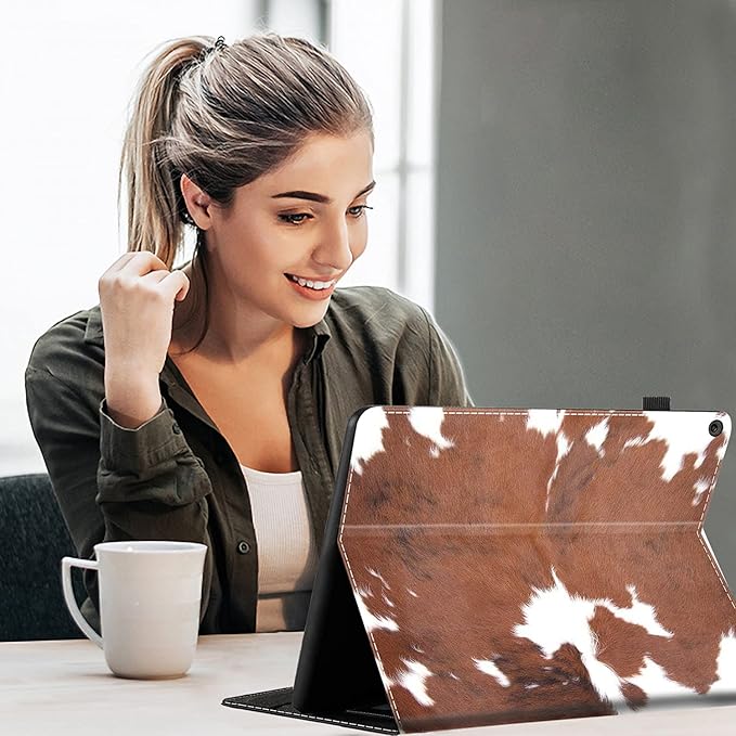 Case for All Amazon Kindle Fire 7 Tablet (9th/7th/5th Generation 2019/2017/2015 Version) 7 inch Multi-Angle View Adjustable Stand Auto Wake/SleeCowhide Farm Animal Skin Leopard Brown Cow