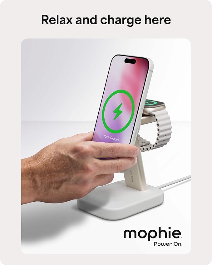 Mophie 2-in-1 Wireless Charging Stand - Qi2-Certified MagSafe Charger for iPhone &amp Apple Watch – Fast Charging Station with Adjustable Phone Stand &amp Cable Management – Up to 15W Power