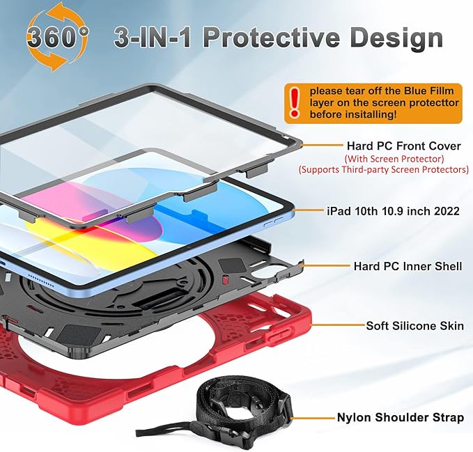 BRAECNstock for Apple iPad (A16) 11th/10th Generation Case 11/10.9 2025/2022 Shockproof Protective Case with Screen Protector Pencil Holder Rotating Stand&ampHand Strap Shoulder Strap Red