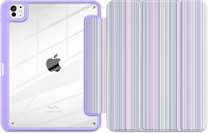 TWOLSKOO Case for iPad Pro 11-inch (M5 2025 / M4 2024) Clear Acrylic Back with TPU Bumper Pencil Holder Trifold Stand Auto Sleep/Wake Purple Stripes