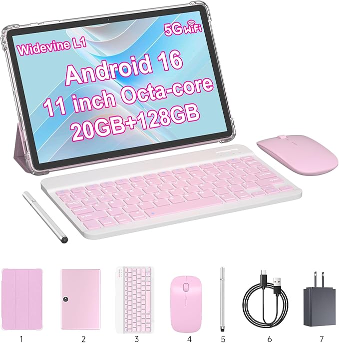 11 inch 2 in 1 Tablet 20GB + 128GB Android 16 Tablet with Case 1TB Expandable 13MP Camera Octa-Core Processor 5G WiFi 8000MAH Battery 11'' IPS HD Touchscreen Tableta PC.