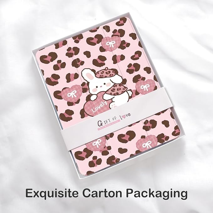 Cute Leopard Print Bunny for iPad Pro 11 Inch Case (M5/M4) 2025/2024 with Pencil Holder Auto Sleep/Wake Pink Leather Soft TPU Back Cover