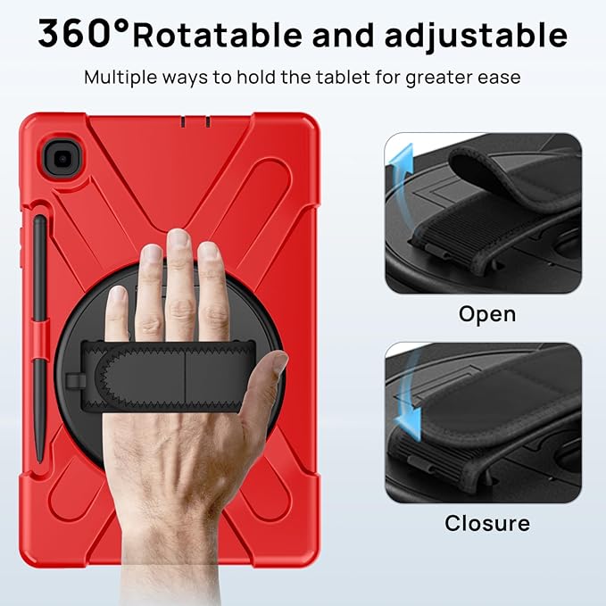Gerutek Case for Samsung Galaxy Tab S6 Lite 10.4 2024/2022/ 2020 Full-Body Drop Protective Case with Screen Protector Pen Holder 360° Rotate Hand Strap &amp StandShoulder Strap Red