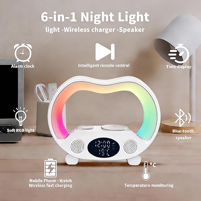 6-in-1 Wireless Charging Station with Bluetooth Speaker RGB Ambient Light Smart Display Clock &amp Thermometer and Remote Control for Remote Operation of All Functions ZS932 White.