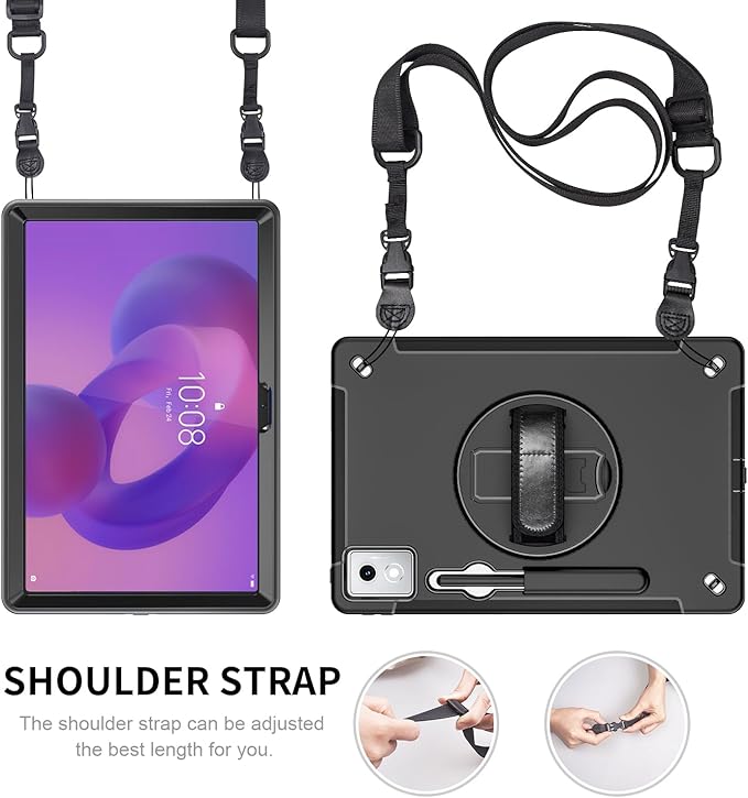 Junfire Protective Case for Lenovo Idea Tab Pro 12.7 inch 2025 Shockproof Idea Tab Pro (TB-373FU/TB-375FC) Case with 360°Rotating Kickstand/Hand Strap/Shoulder Strap/Stylus Holder-Black