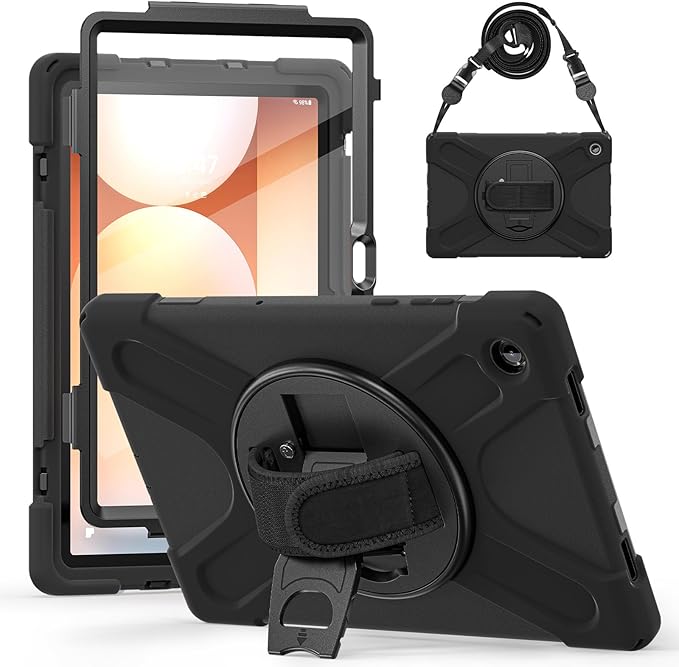 Lunivop Case Compatible with Samsung Galaxy Tab A11 Plus Case 11 Inch 360° Rotating Stand/Hand Strap with Built-in Screen Protector Heavy Duty Tablet Cover for Samsung Tab A11+ Plus Black