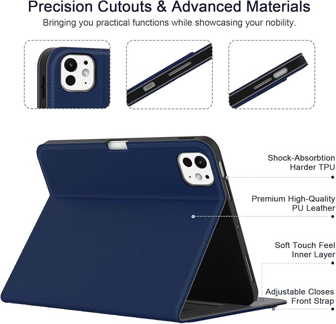 Case for iPad Pro 11 inch (M5/M4) 2025/2024 Multi-Angle PU Leather Cover for i Pad Pro 11 with Pencil Holder/Hand Strap/Pocket Auto Wake/Sleep Navy Blue