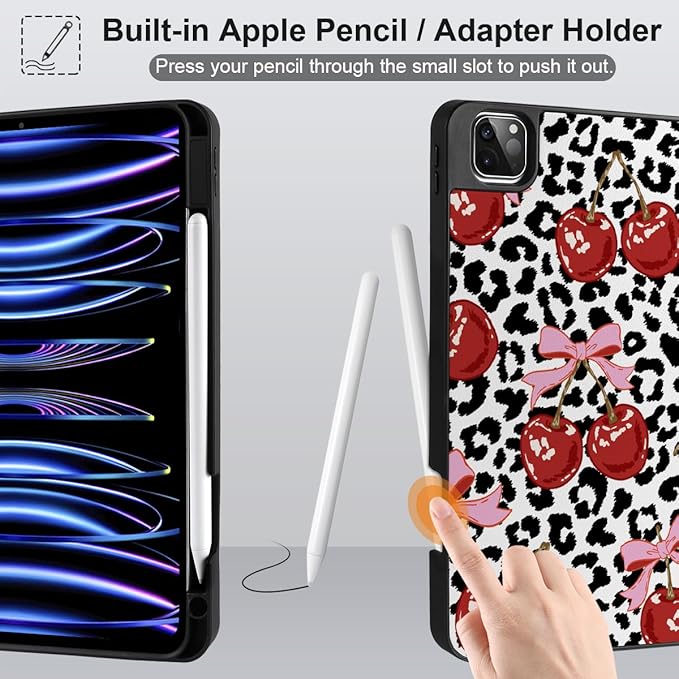MEEgoodo for iPad Pro 12.9 Case M2 6th/5th/4th/3rd Generation 2022 2021 2020 2018 with Pencil Holder Tablet Cover with Soft TPU Back Shell Leopard &amp Cherry