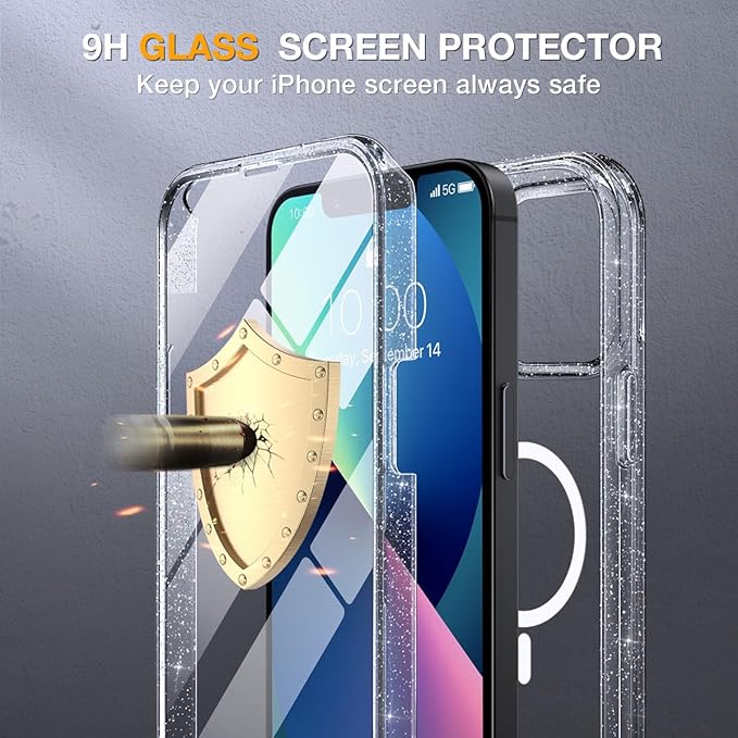 Miracase for iPhone 13 Case 6.1'' [Bubble Free] Full-Body Bumper Phone case with Built-in Full Glass ScreenNo GapCompatible with MagSafeDrop Proof 13 CoverClear Glitter