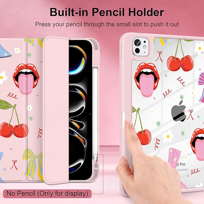 Case for iPad Pro 11 Inch (M5 2025 M4 2024) – [Built-in Pencil Holder] Shockproof &amp Stylish Clear Hard Back + Soft TPU Edge Magnetic Trifold Stand Auto Wake/Sleep Cherry &amp Lip