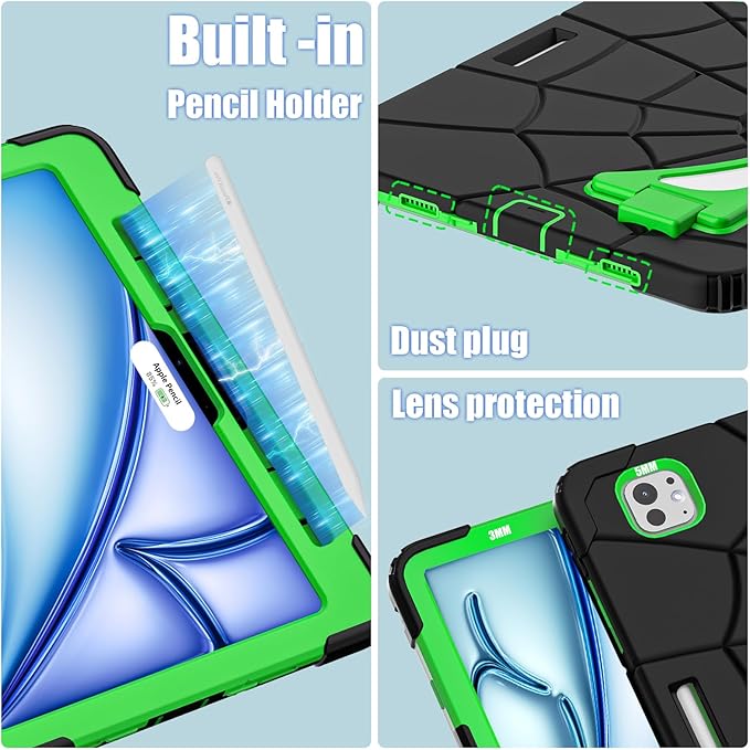 Compatible with Apple iPad Pro 11(2024) 11 inch Tablet CaseLightweight Shockproof Rugged Protective Cover with Kickstand for Kids Children Boys Babies Dark Green