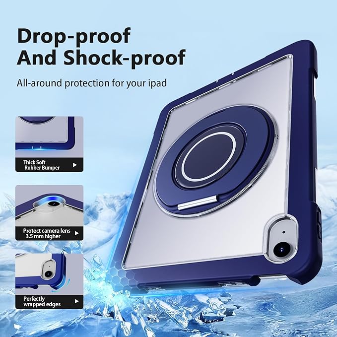 Case for iPad (A16) 11th /10th Generation 11 Inch 2025/10.9 inch 2022with Screen Protector360 Rotating Metal StandClear BackHeavy Duty Shockproof for Kids Case Navy Blue
