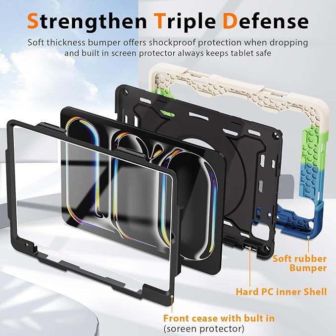 ROISKIN for iPad Pro 11 inch Case (M5/M4 (2025/2024)) Pro 11'' 6th/5th Gen -with HD Screen Protector 360 Kickstand/Handle Shoulder Strap Pen Holder Heavy Duty Military Grade - Kids Friendly