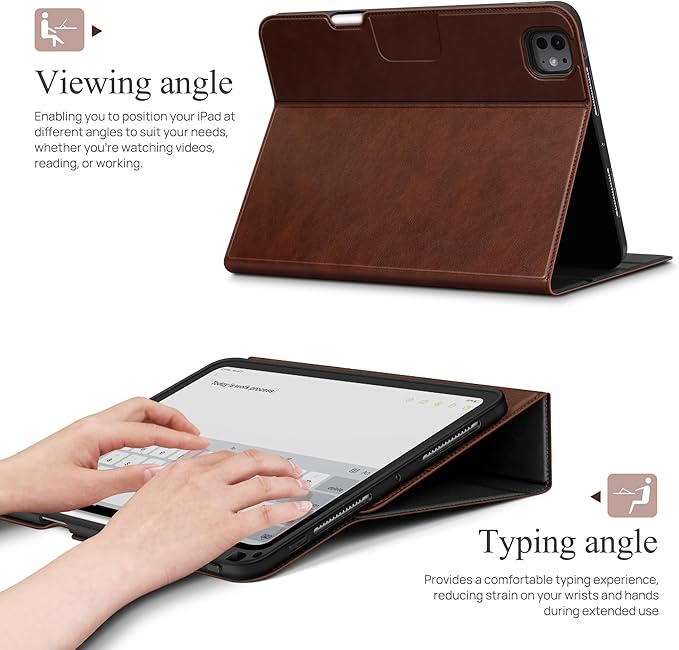 auaua Case for iPad Pro 11 Inch (M5/M4) 2025/2024 with Pencil Holder and Pocket Multiple Angles Viewing Magnetic Closure Auto Sleep/Wake (Brown)