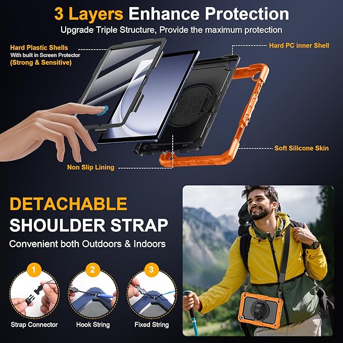 Case for Samsung Galaxy Tab A9+/A9 Plus 11 Inch 2023(SM-X210/X216/X218) Ubearkk Full-Body Drop Protection Case with Screen Protector 360° Rotating Stand and Hand/Shoulder Strap Orange