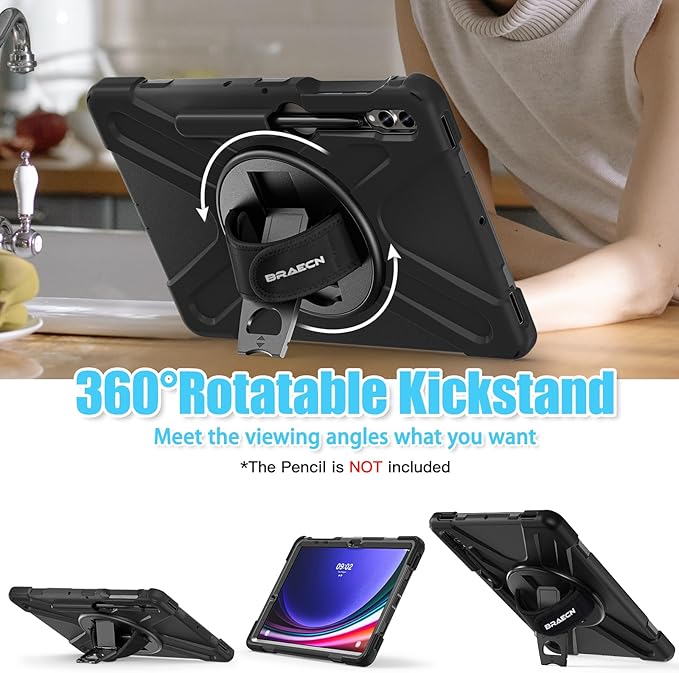 BRAECNstock for Samsung Galaxy Tab S10+ Plus/ S9 FE+ Plus/ S9+ Plus/ S8+ Plus/ S7 FE/ S7+ Plus 5G Tablet Case 12.4 inch Shockproof Protective Case with Pen Holder Rotating Stand &amp Hand Strap - Bla