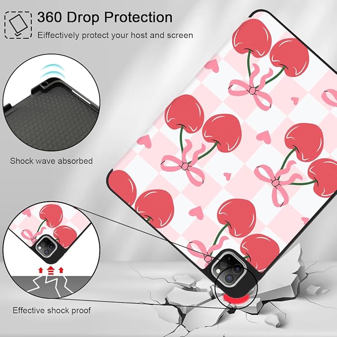 Mektron for iPad Pro M2 11-inch 4th/ 3rd/ 2nd/ 1st Gen Case 2022 2021 2020 2018 with Pencil Holder Tablet Cover with Soft TPU Back Cover for 11 inch iPad Pro Cherries Bows C353