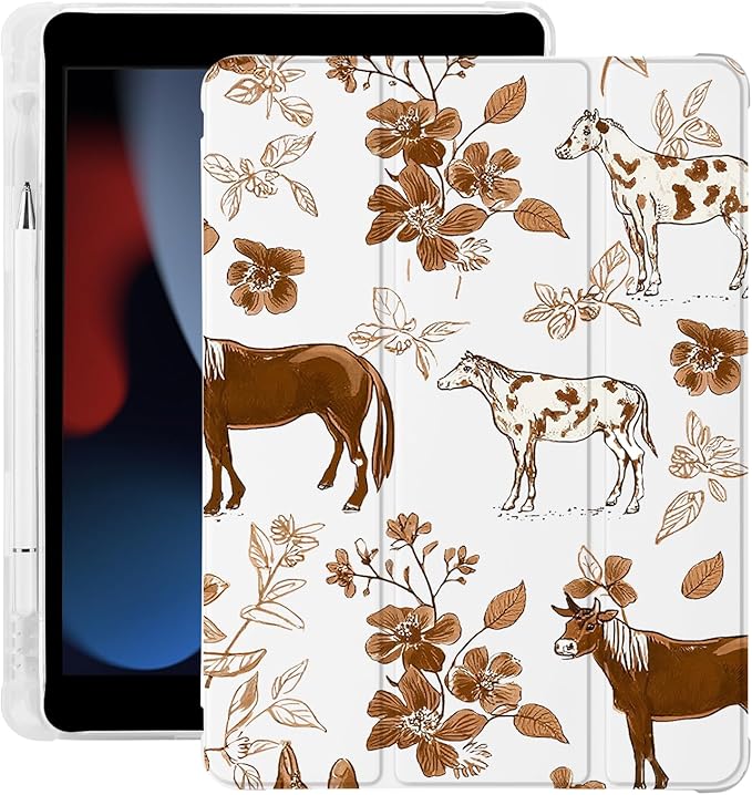 Cute Brown Horse Flower for iPad Pro 13 Inch Case (M5/M4) 2025/2024 with Pencil Holder Auto Sleep/Wake White Leather Soft TPU Back Cover