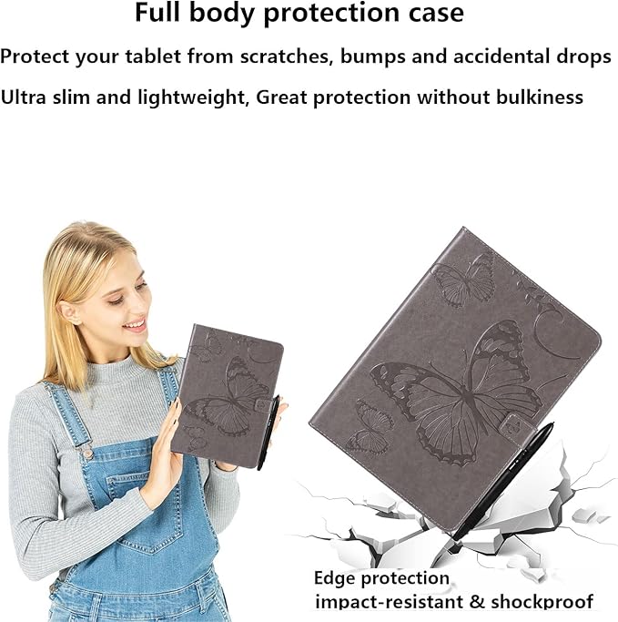 for Kindle Fire HD 10 &amp HD 10 Plus Case 13th/11th Generation 10.1 (2023/2021) Stand Embossed PU Leather Magnetic Wallet Cover with Pencil Holder/Pockets [Auto Wake/Sleep] Gray Butterfly