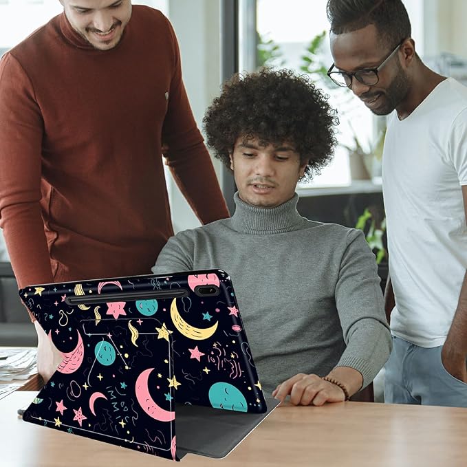 Case for Samsung Galaxy Tab S8 Plus 2022/S7 FE 2021/S7 Plus 2020 12.4 Inch Stars and Moons Theme 360 Degree Rotating Stand Smart Protective Cover for Samsung S7 FE Tablet