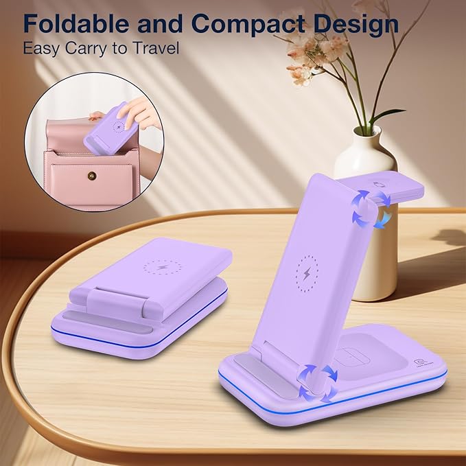 Multi Charger for Samsung Foldable Charger ONLY for Galaxy Watch Ultra/7/6/5/4/3/Active 2 Travel 3 in 1 Fast Charging Station/Dock for Samsung S24/S23/S22/S21/S20/Note 20 for Buds 3/2 Pro(Violet)